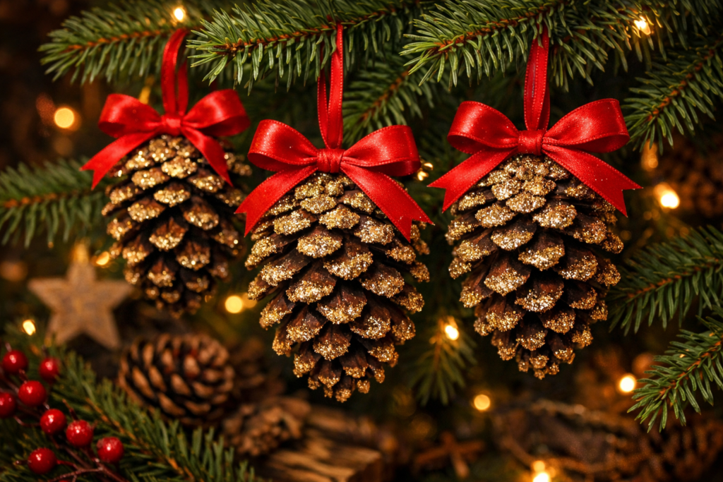 Pinecone Christmas ornaments decorated with glitter and ribbon