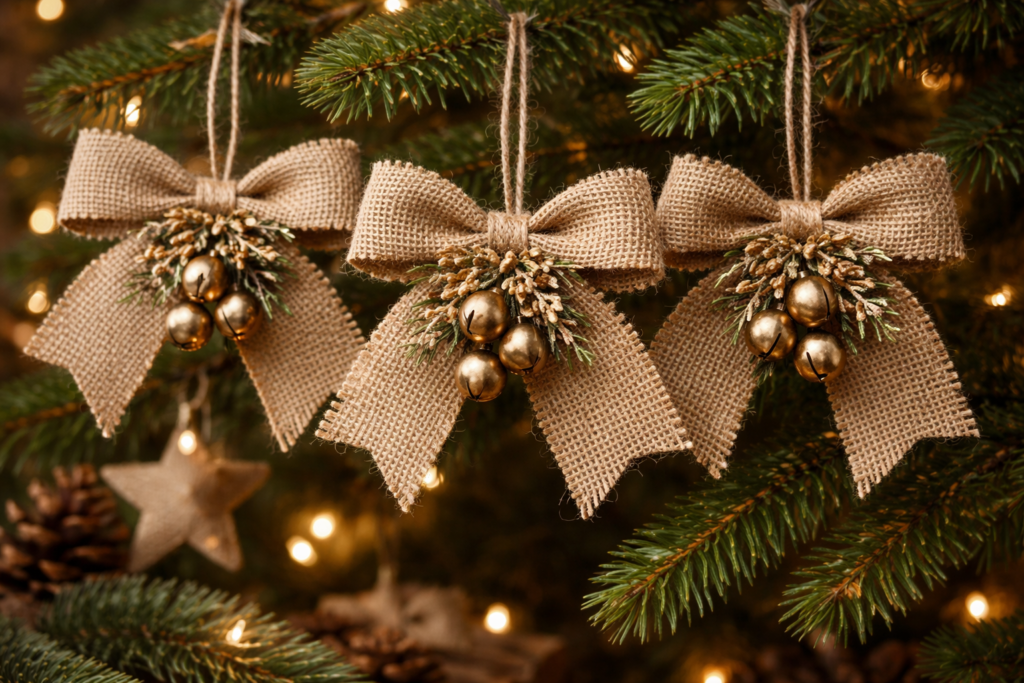 Burlap bow Christmas ornaments with rustic farmhouse style