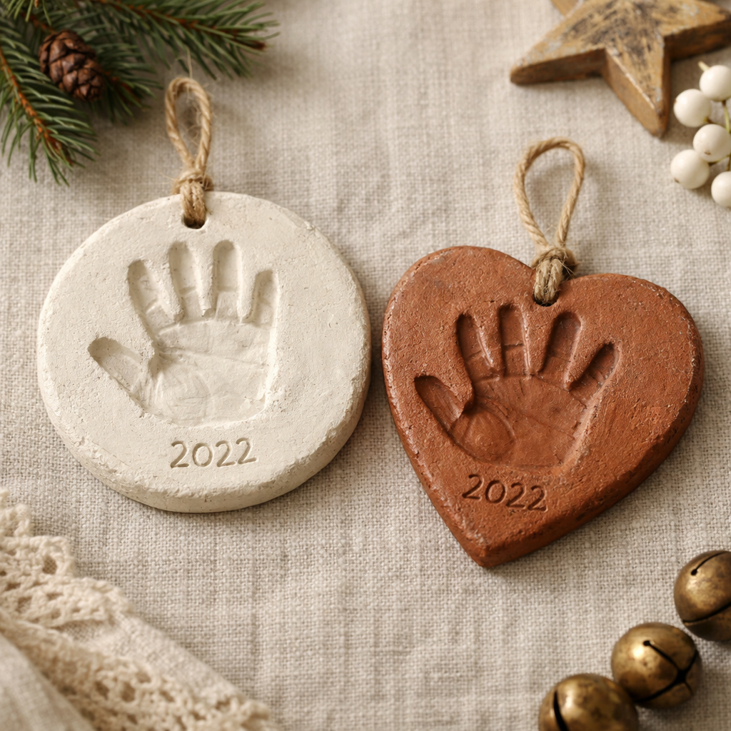 Handprint clay Christmas ornaments as keepsake decorations