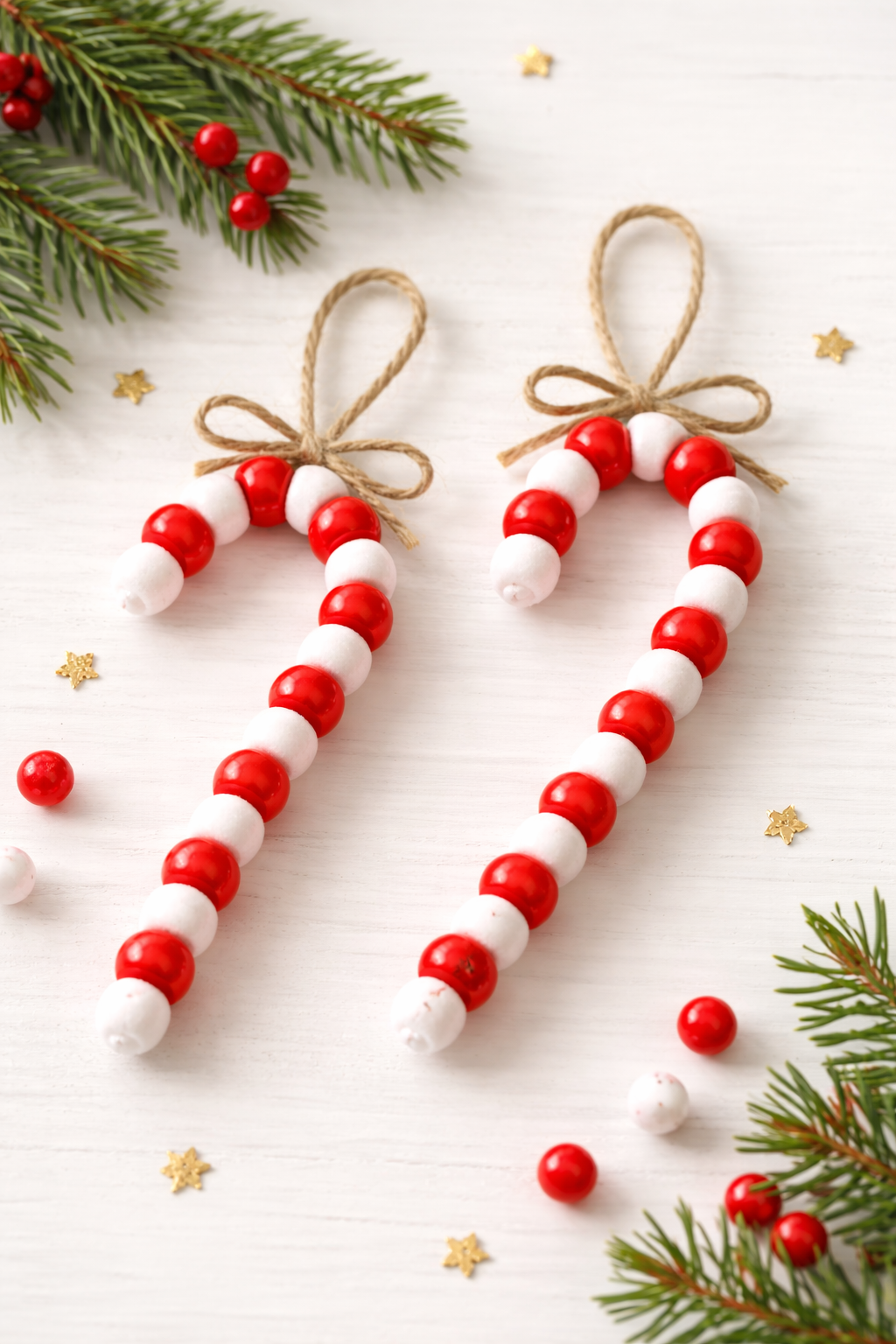 Beaded candy cane Christmas ornaments made with pipe cleaners