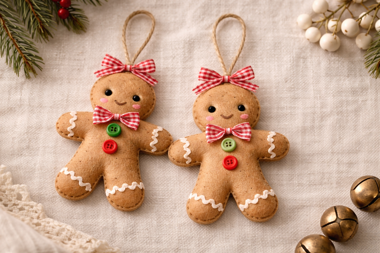 Felt gingerbread man Christmas ornaments with handmade details