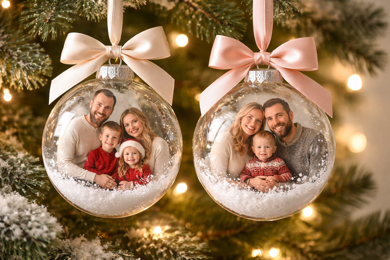 Clear Christmas ball ornaments with family photos inside