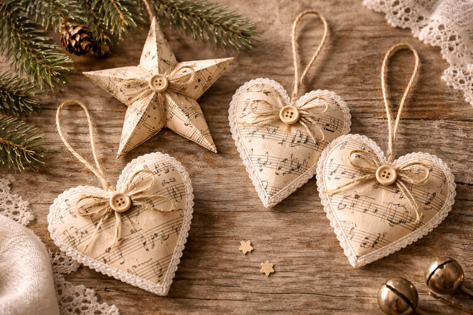 Vintage sheet music Christmas ornaments with classic holiday style