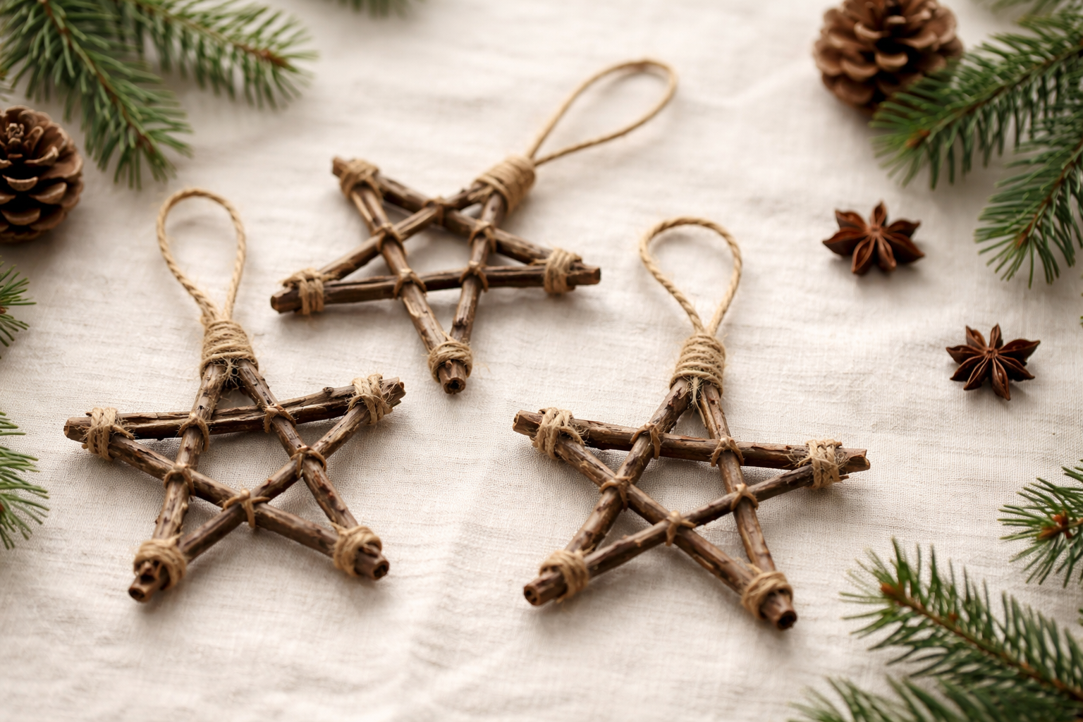 Twig star Christmas ornaments made from natural branches