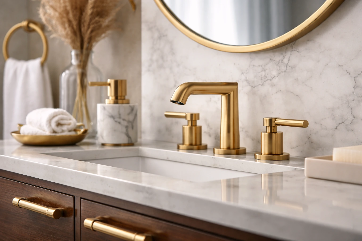 Matching brushed brass hardware in a guest bathroom