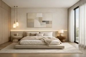 Minimalist luxury bedroom interior featuring a low-profile platform bed, neutral beige and gray tones, soft ambient lighting, organic textures, and modern wall art reflecting 2026 bedroom aesthetic trends