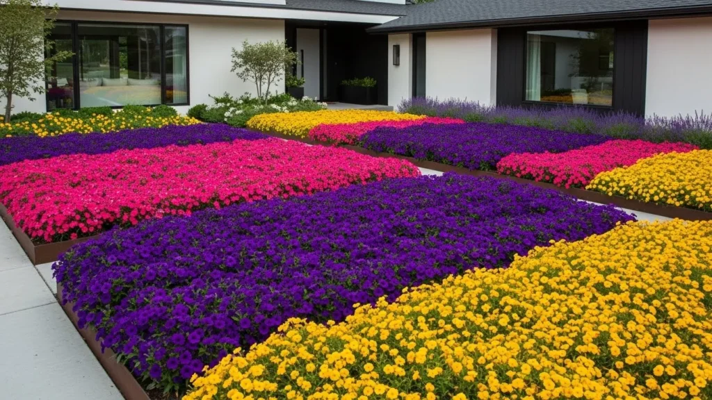 Bold color-blocked flower garden design for front yard
