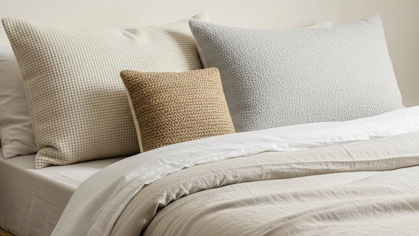 Linen bedding in organic modern bedroom with natural textures