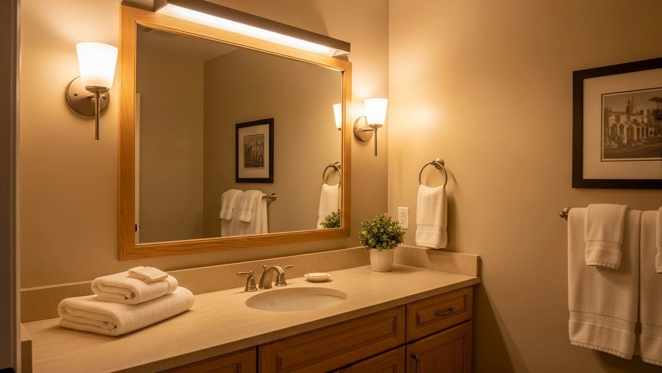 Soft warm lighting with wall sconces in a cozy guest bathroom