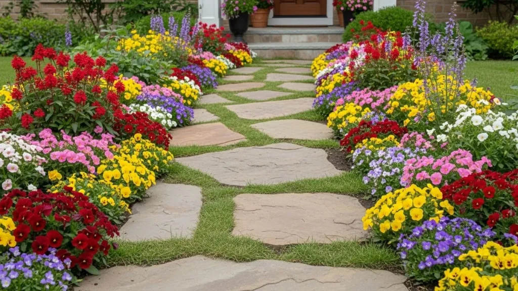 Flower-lined pathway in front yard garden design