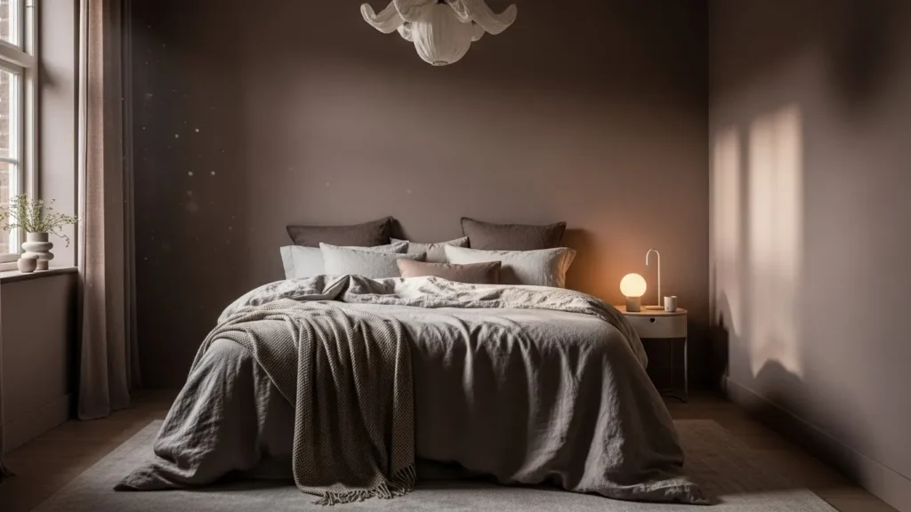 Smoky mauve paint colour giving a small room a soft and luxurious feel