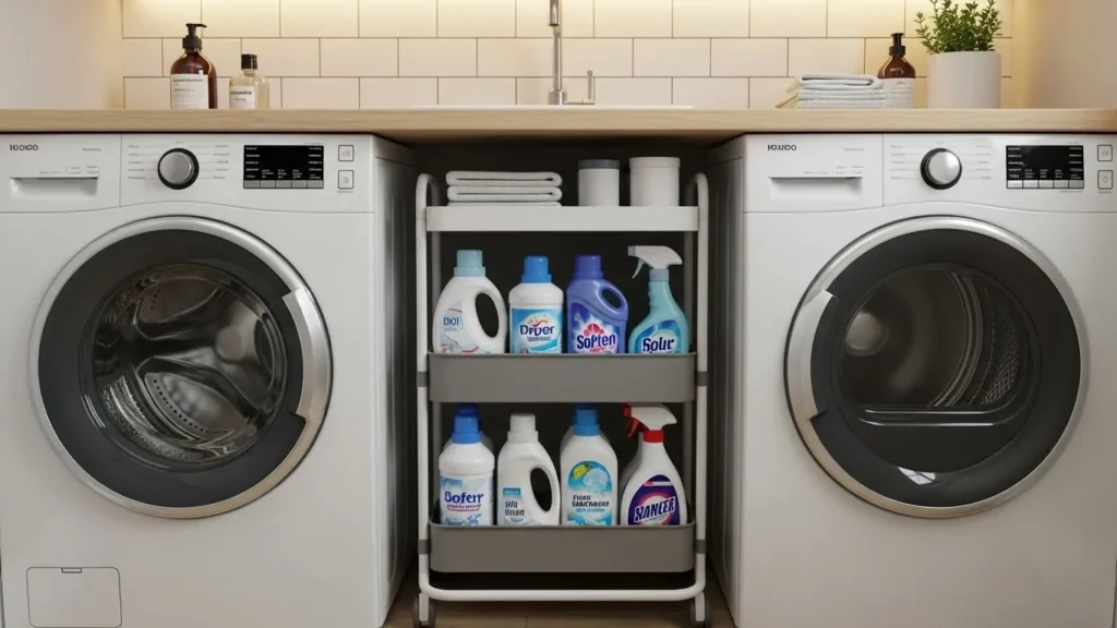 Slim rolling cart used for storage in a small laundry room
