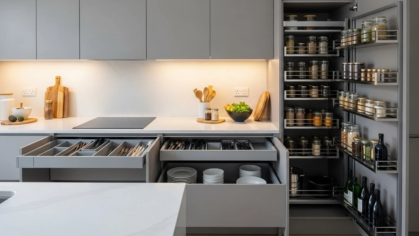 Smart kitchen cabinets featuring pull-out pantry storage and hidden organizational drawers