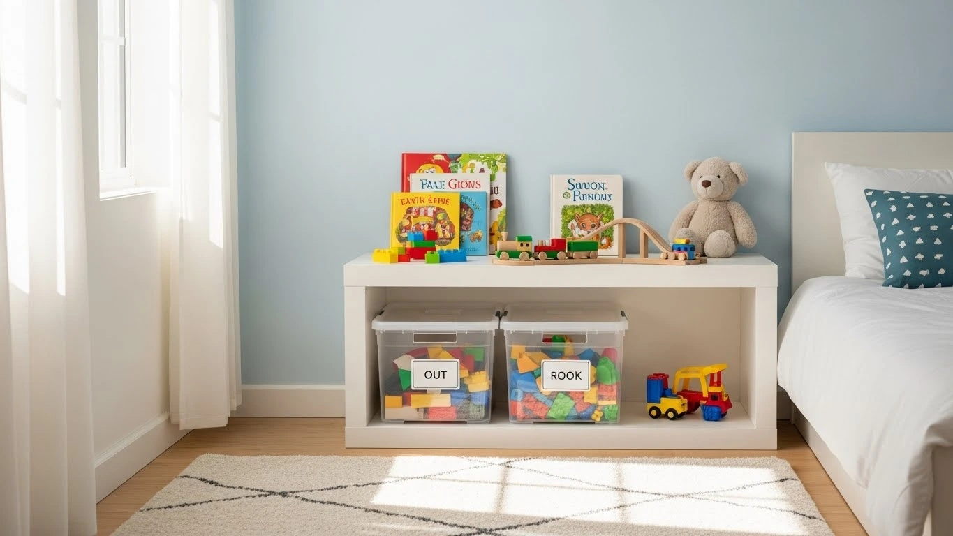 Kids bedroom using toy rotation to reduce clutter and refresh playtime