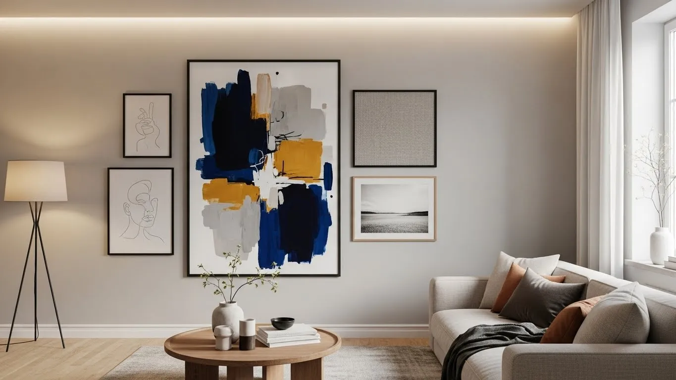 : Living room featuring a large statement artwork with smaller frames arranged around it.