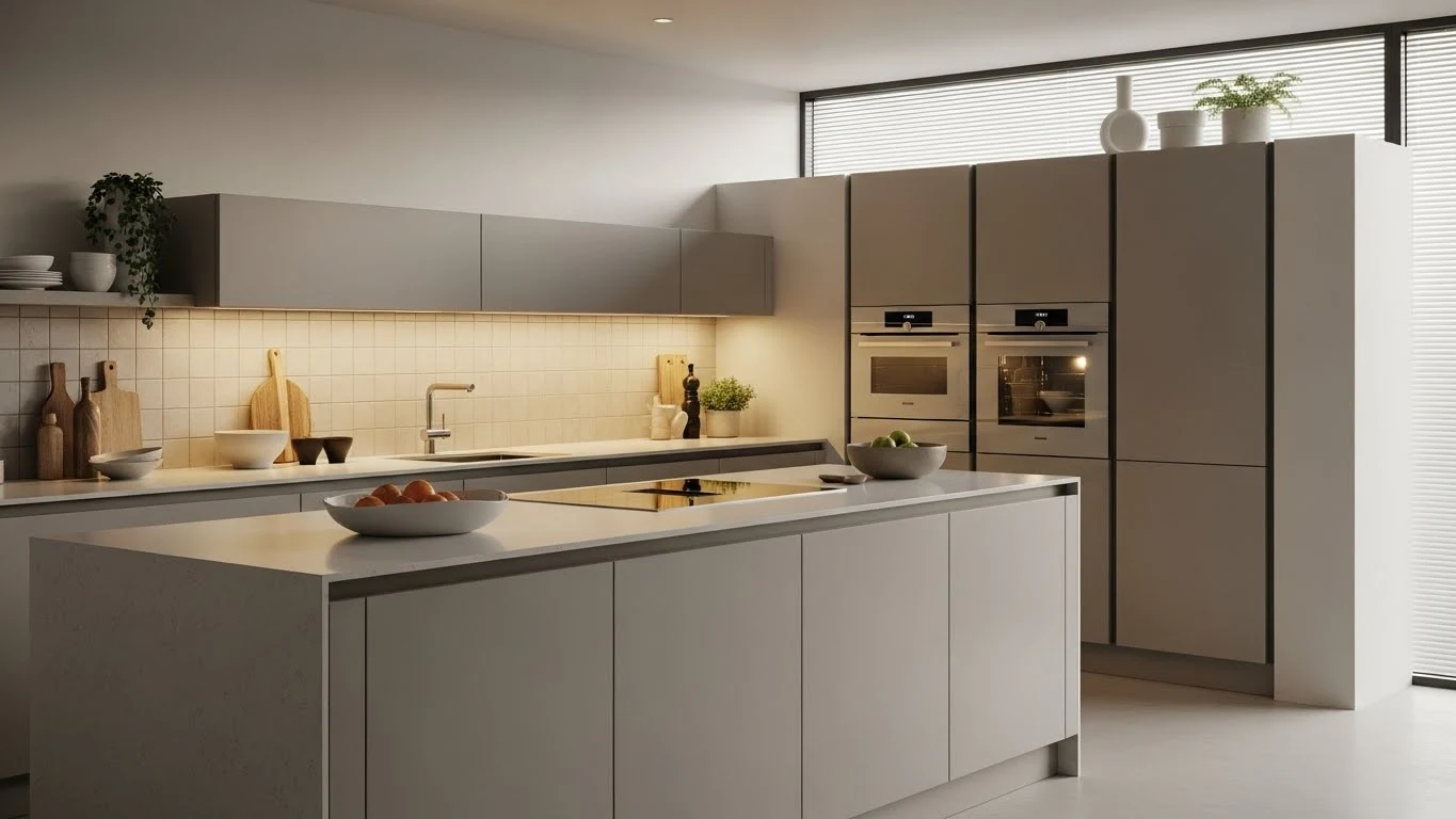 Matte kitchen cabinets with a modern, soft-touch finish in neutral colors