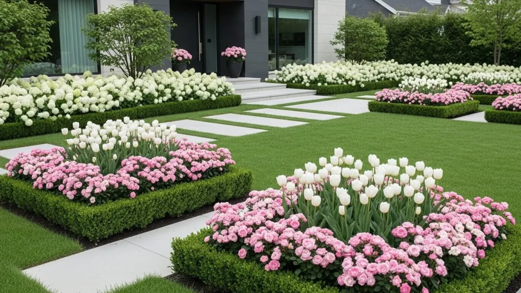 Minimalist front yard flower garden with limited color palette
