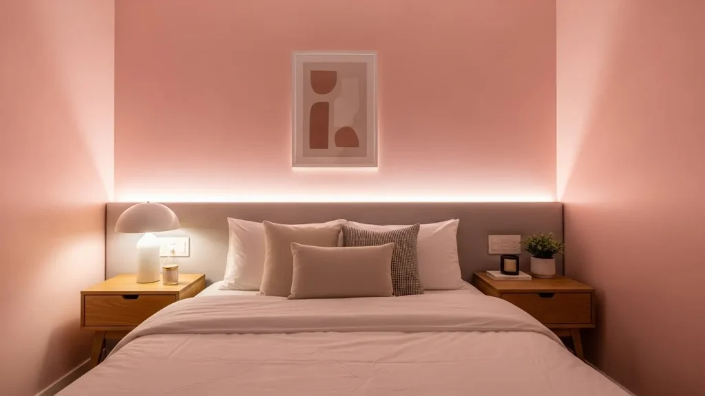 Blush pink bedroom walls creating a calm and elegant sleeping space