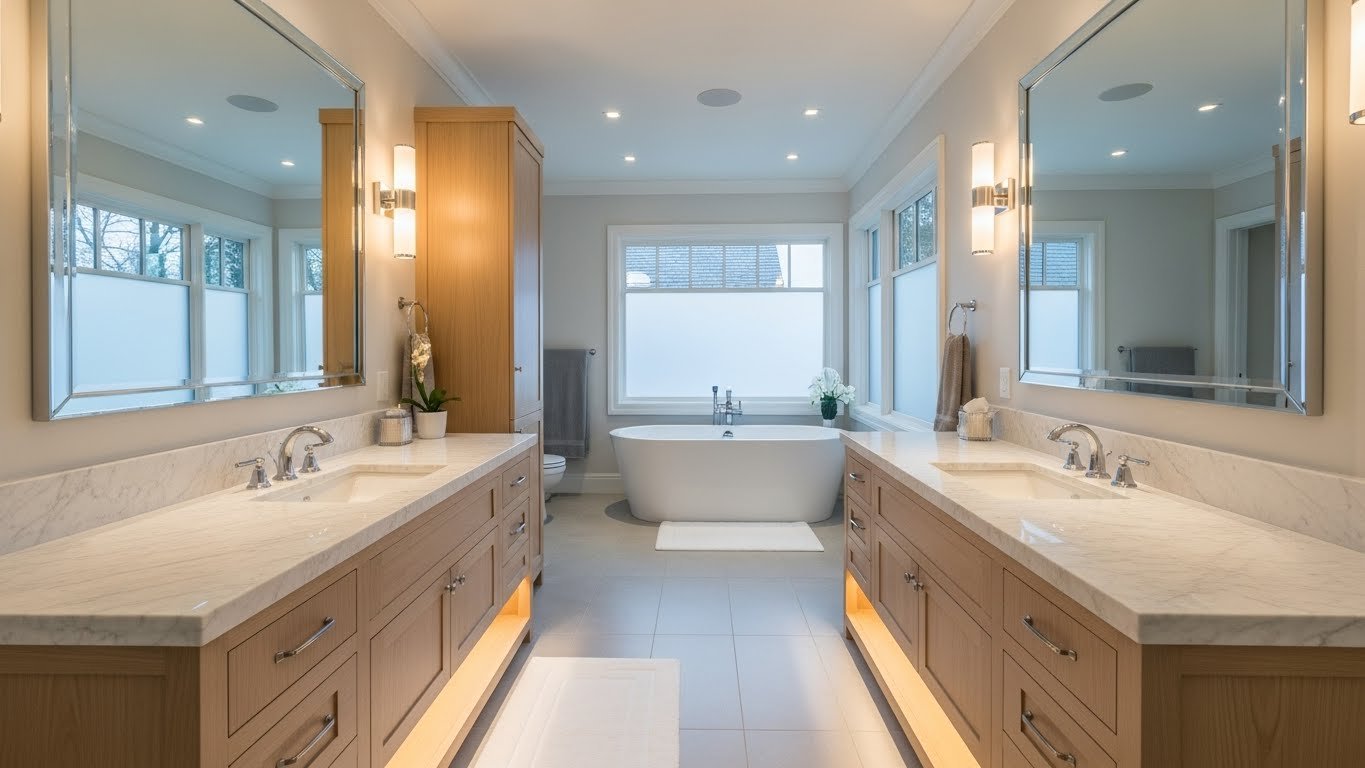 Modern luxury bathroom with double vanity and symmetrical design