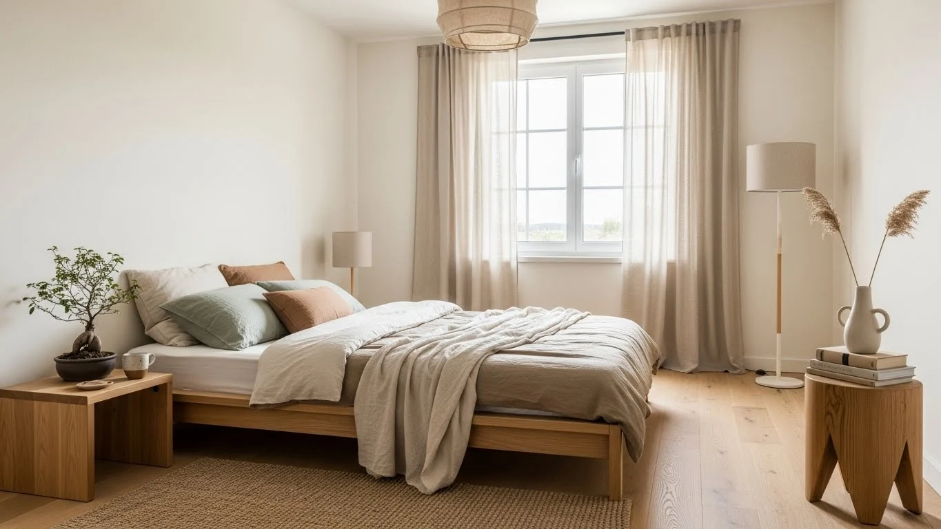 Japandi-inspired bedroom with a low-profile platform bed, earthy tones, simple wood furniture, and a calming minimalist layout.