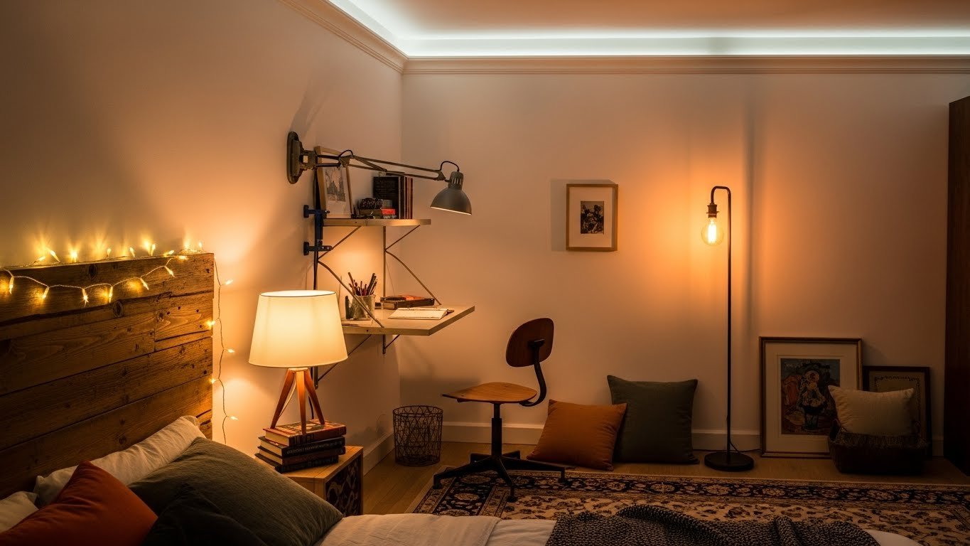 Bedroom with unique mixed lighting styles reflecting personal taste, warm glow, relaxed atmosphere, cozy and lived-in look, realistic interior photography.