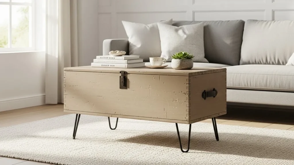 Old trunk reused as a modern coffee table