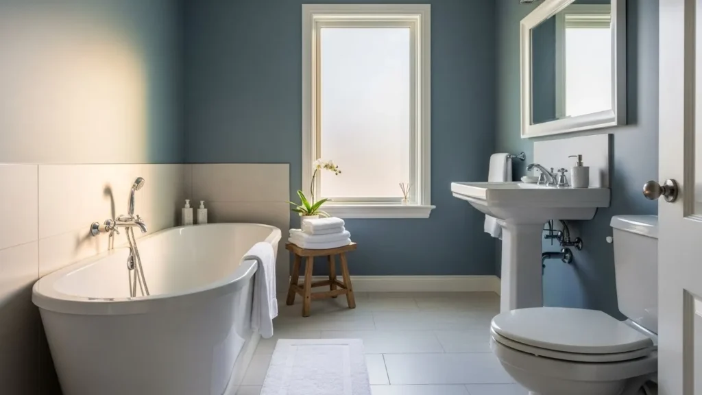 Smoke blue wall paint making a small bathroom feel calm and spacious