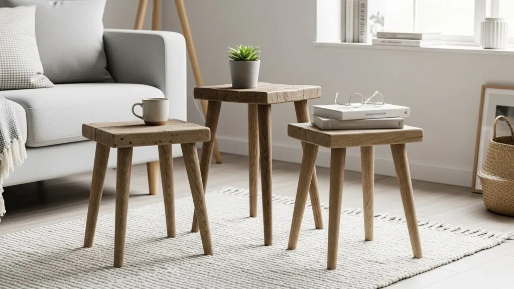 Old wooden stools used as modern side tables