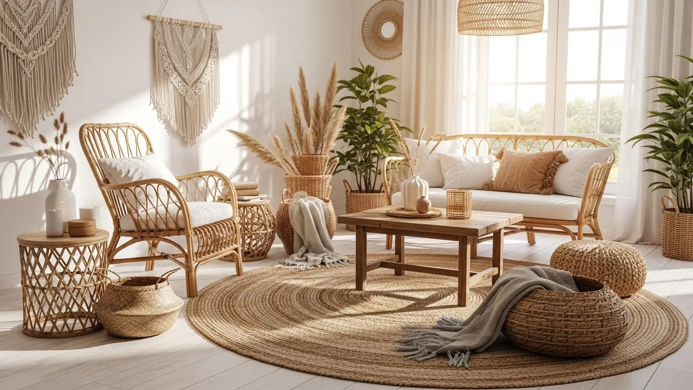 Boho living room featuring rattan furniture and natural materials