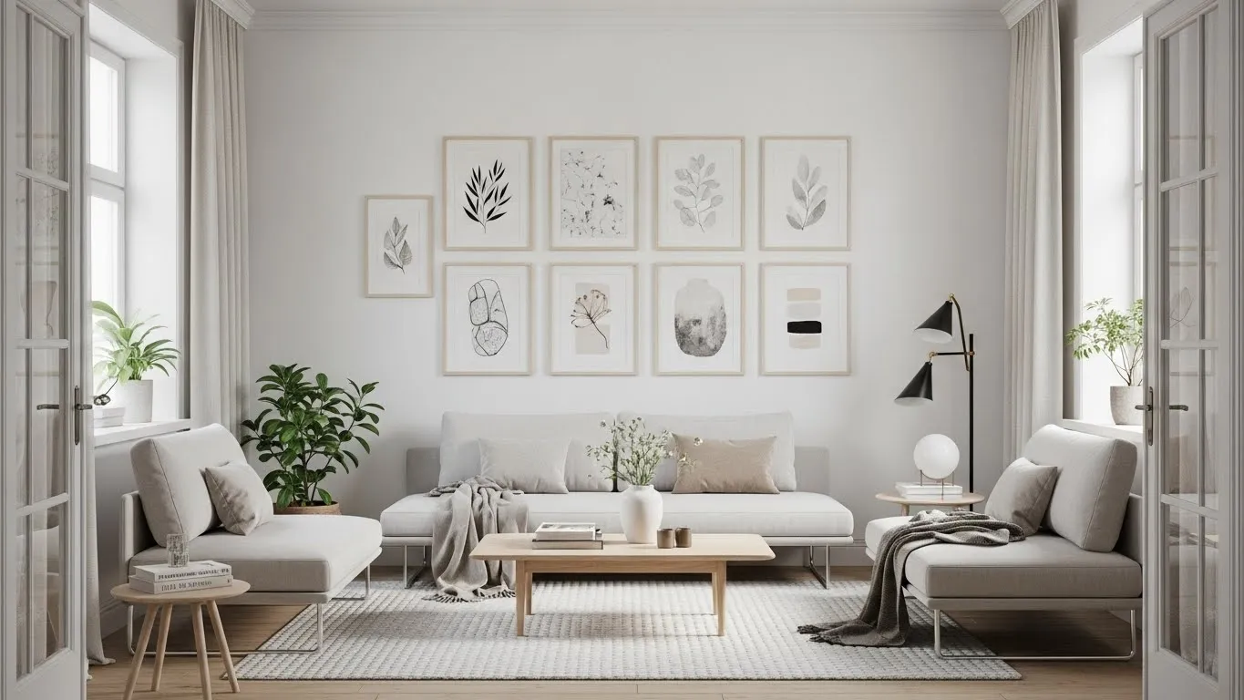 Modern living room with a classic grid gallery wall, featuring neatly aligned frames and minimalistic