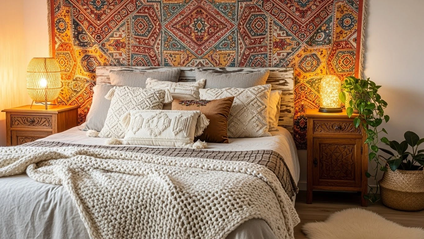 Fabric tapestry accent wall creating a cozy boho bedroom