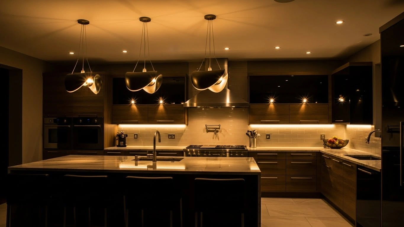Modern kitchen with dramatic lighting and statement pendant fixtures creating a cozy atmosphere