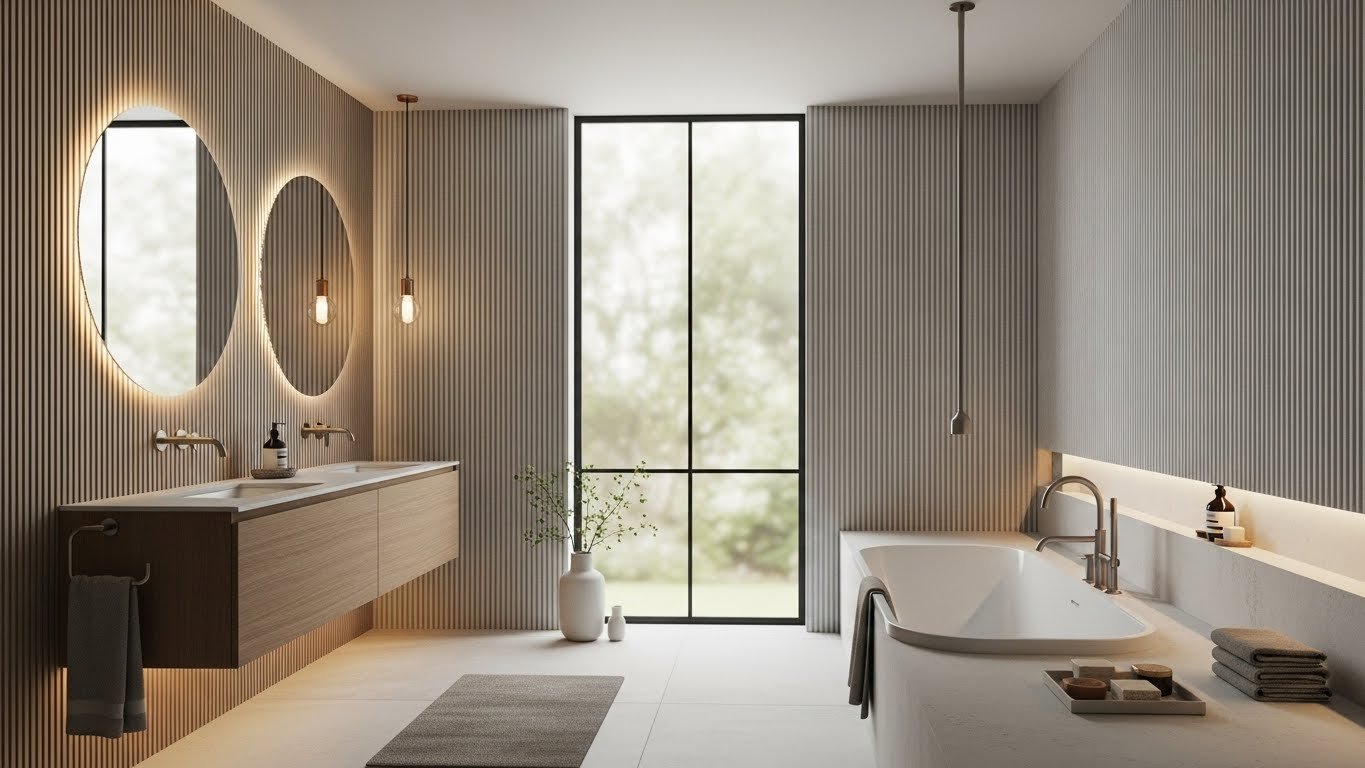 Modern luxury bathroom featuring textured walls and contemporary finishes