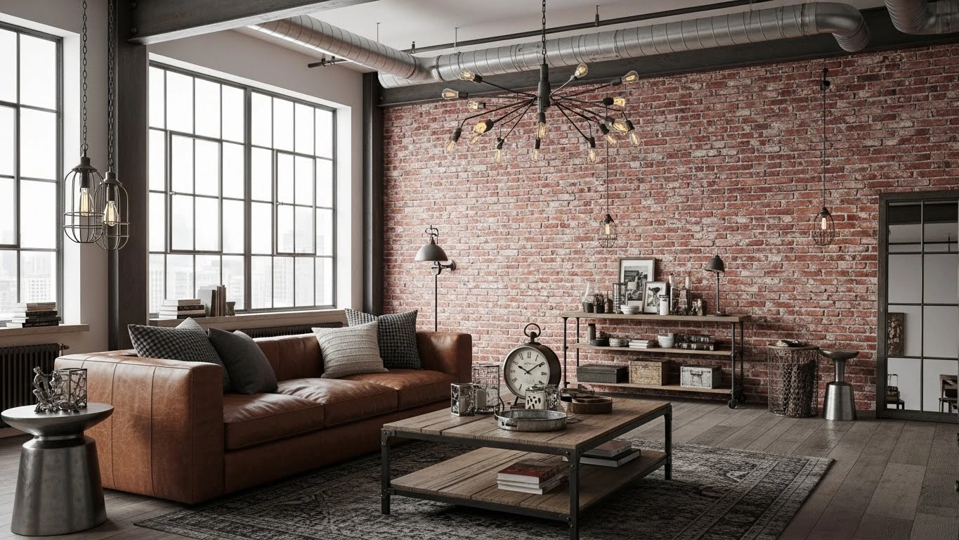 Faux brick accent wall adding industrial character to living room