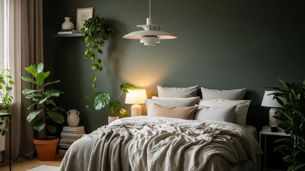 Ebony green paint creating a calm and luxurious small bedroom