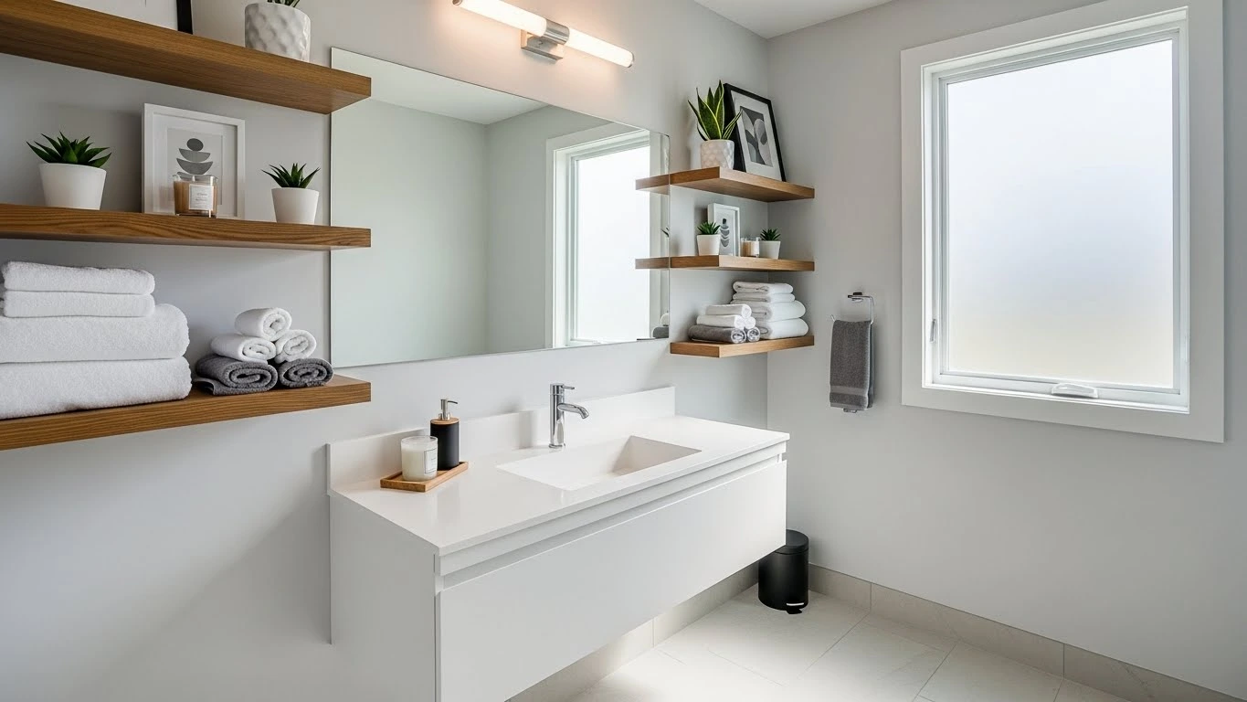 Floating shelves with towels and decor in a small guest bathroom
