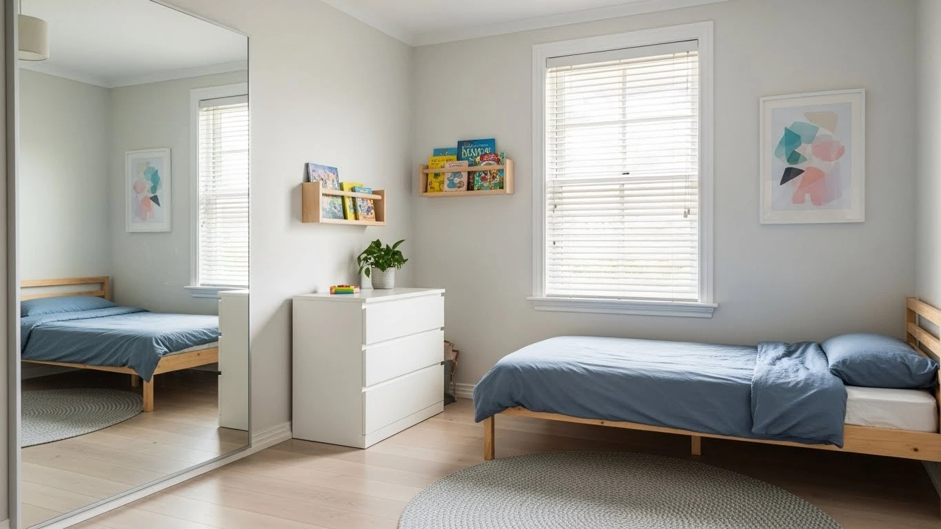 Small kids bedroom using light colors and mirrors to create space