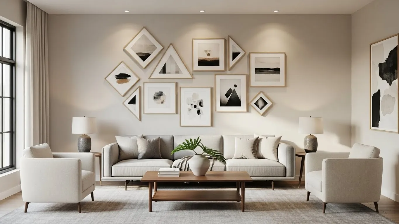 Geometric gallery wall with triangular and diamond-shaped frames in a modern living room.