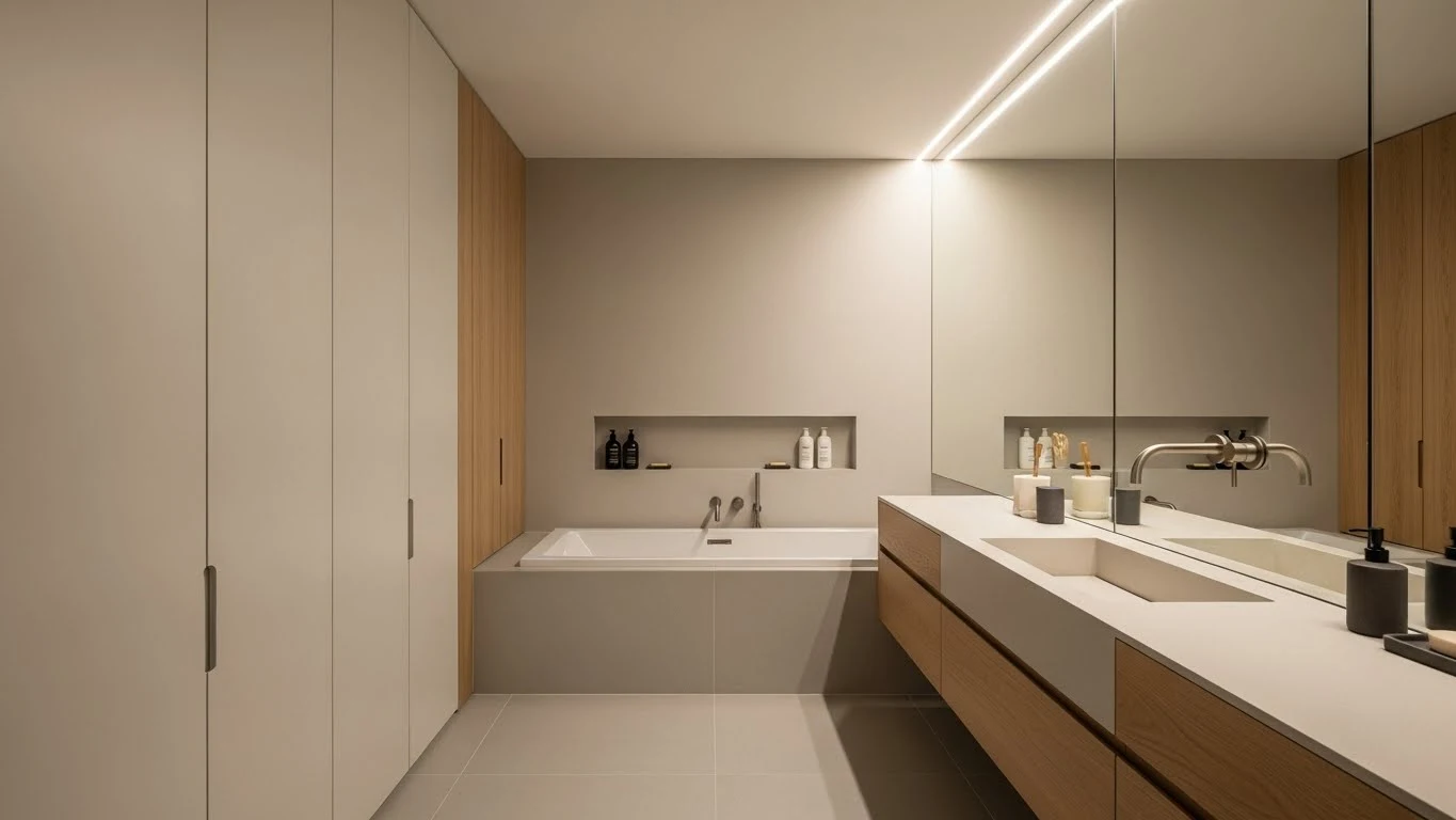 Minimalist modern luxury bathroom with hidden storage solutions