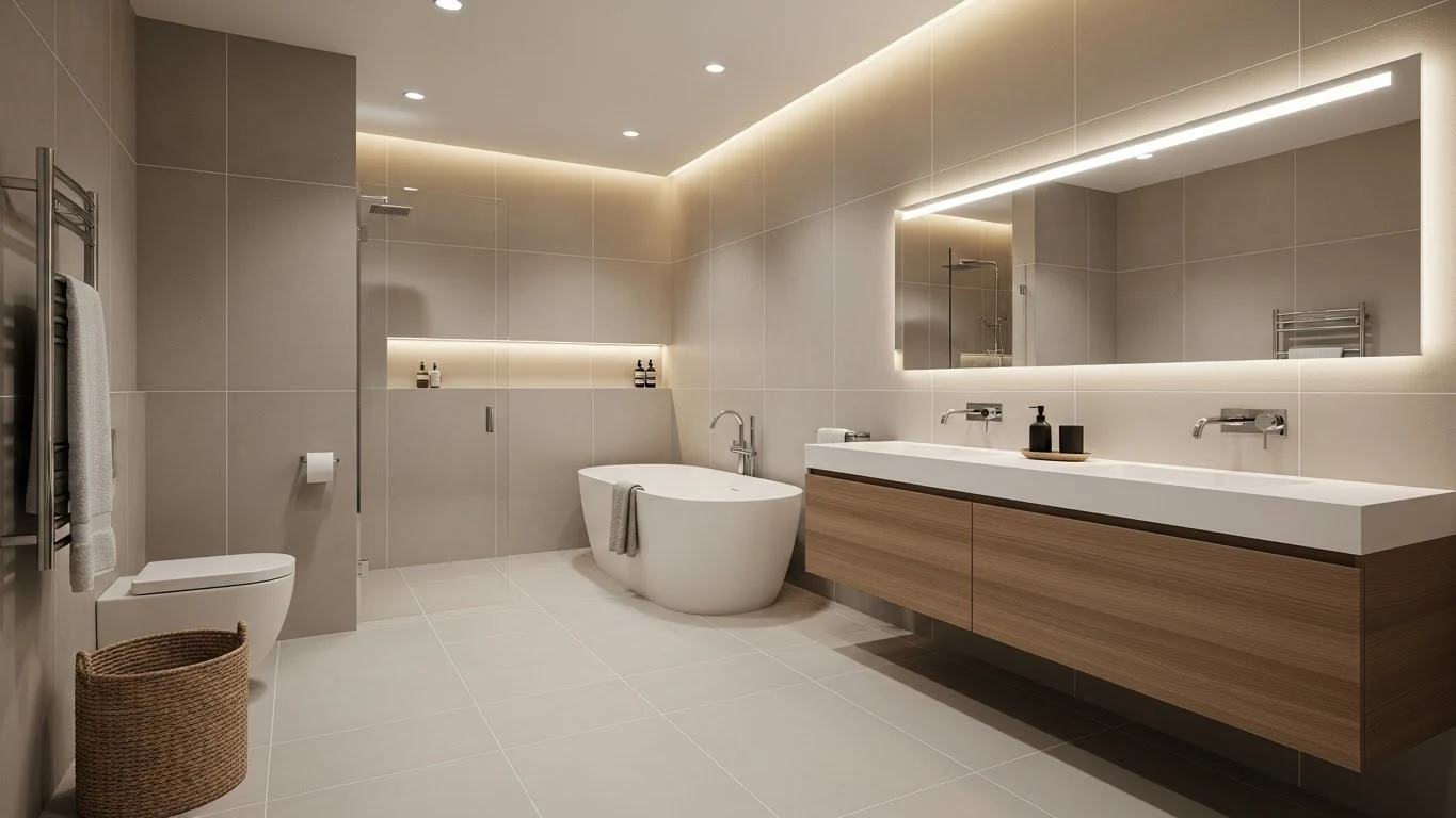 Modern luxury bathroom with large-format tiles and seamless design