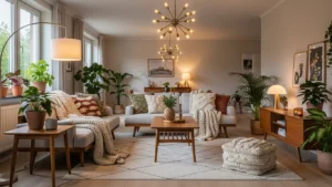 Top 13 mid-century modern living room ideas with cozy boho and Scandinavian style featuring warm neutrals, natural wood, and layered textures