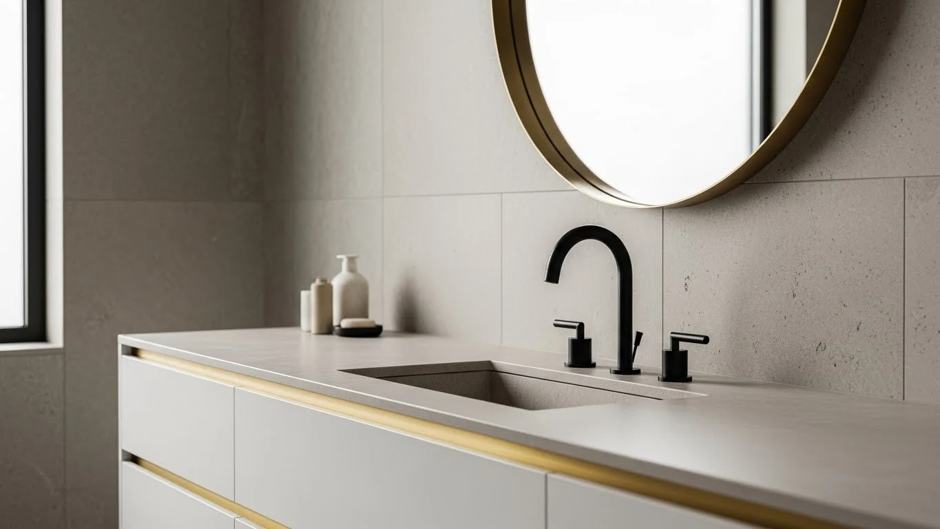 Modern luxury bathroom with matte black and brushed metal fixtures