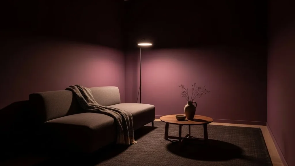 Dark aubergine wall paint creating a bold and luxurious small space