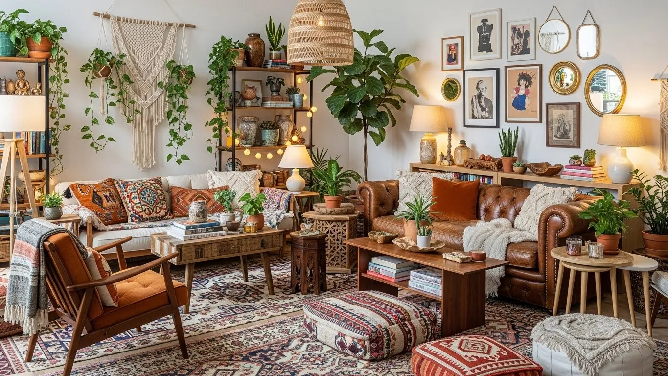 Mismatched furniture in a boho living room