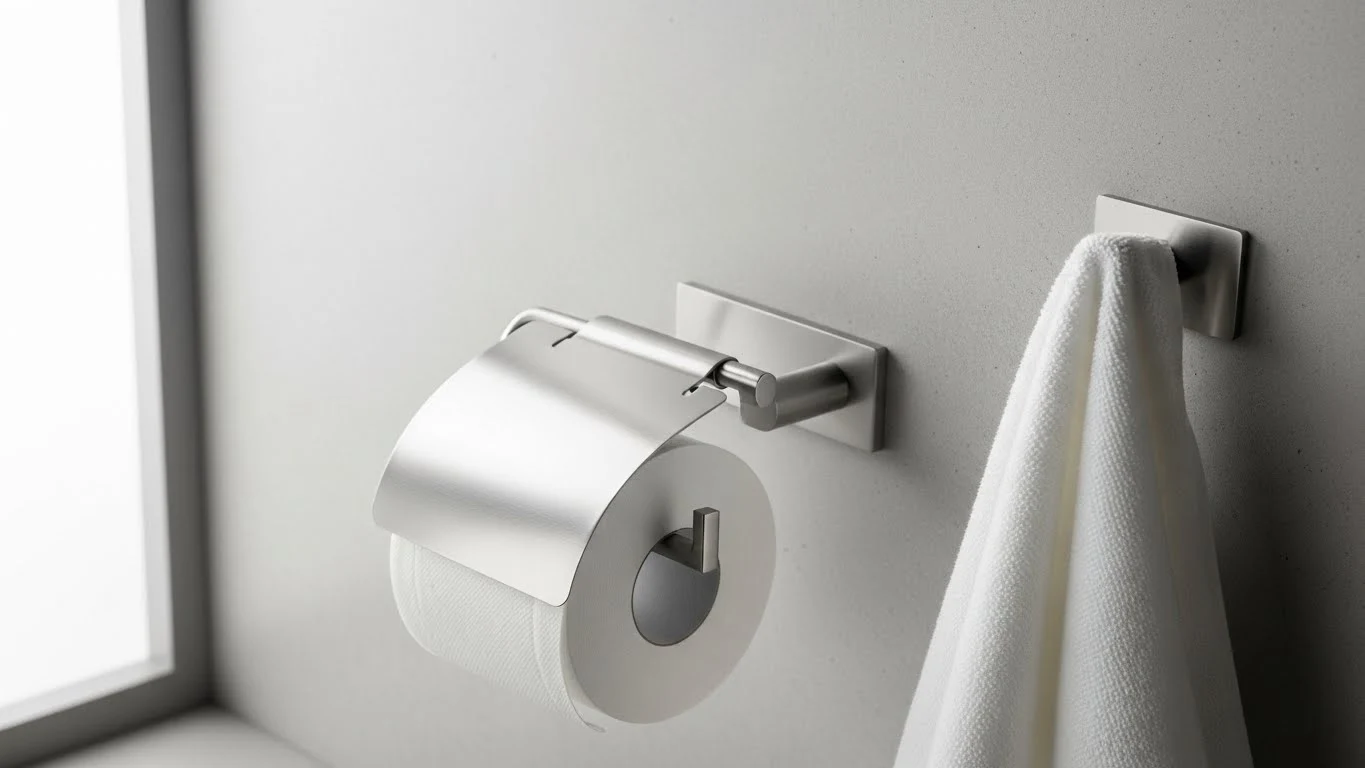 Modern toilet paper holder with a matching metal finish