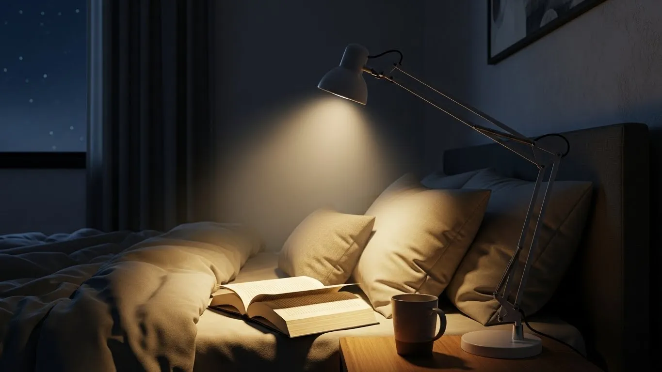 Bedroom with adjustable reading light near the bed, focused warm light, book on nightstand, cozy nighttime setting, realistic interior photo.