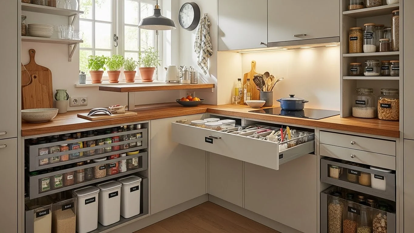 Customized kitchen storage designed around daily habits in a small space