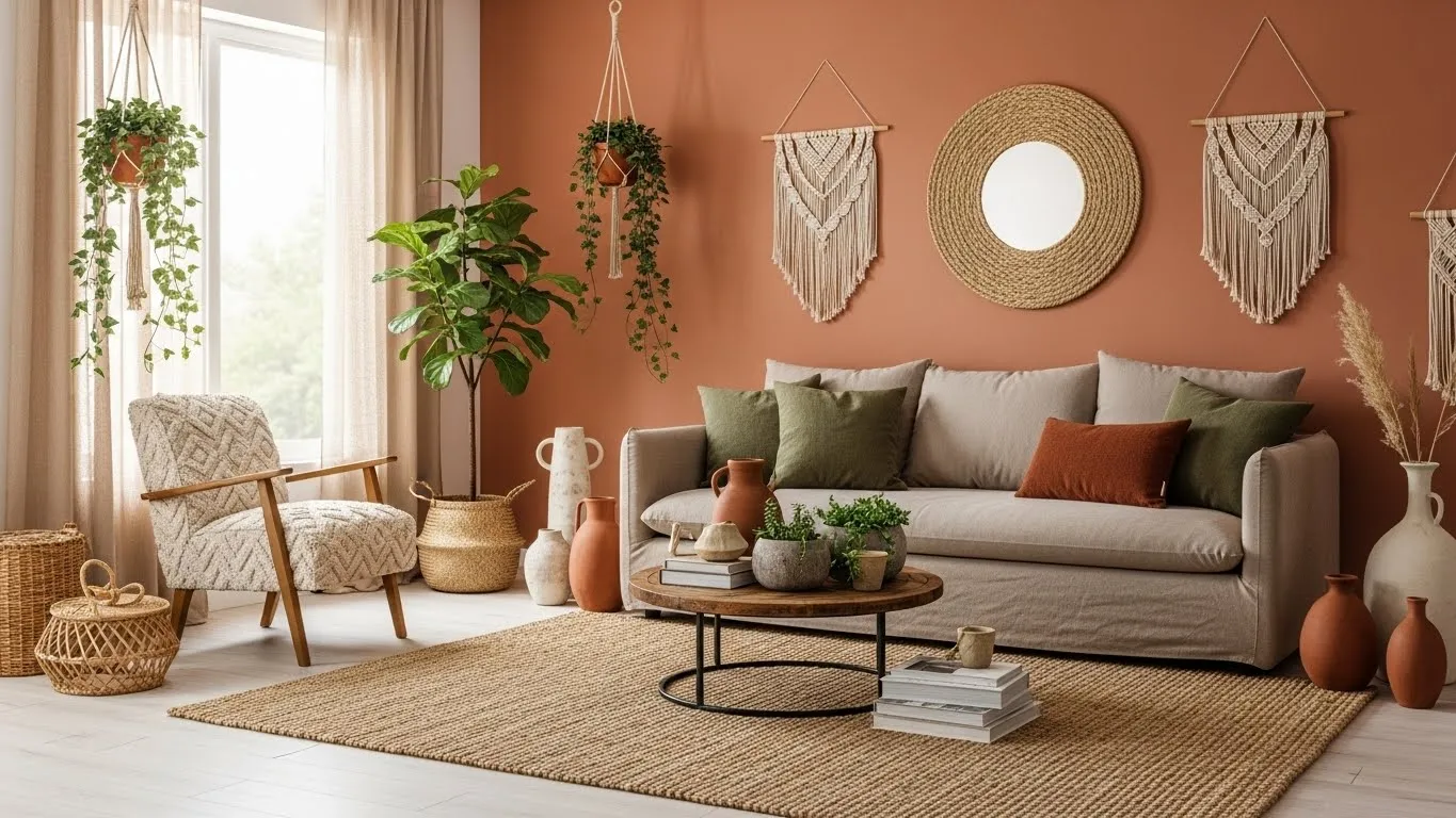Earthy color palette in a boho living room