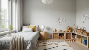 Modern kids bedroom with smart layout, neutral colors, practical storage, and a cozy lived-in design