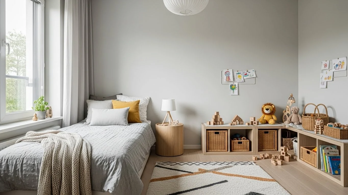 Modern kids bedroom with smart layout, neutral colors, practical storage, and a cozy lived-in design
